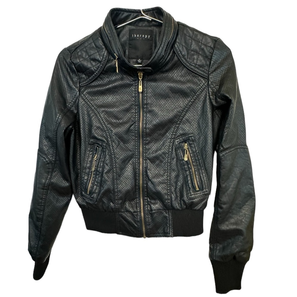Theory Black Perforated Leather Bomber with Gold Zippers